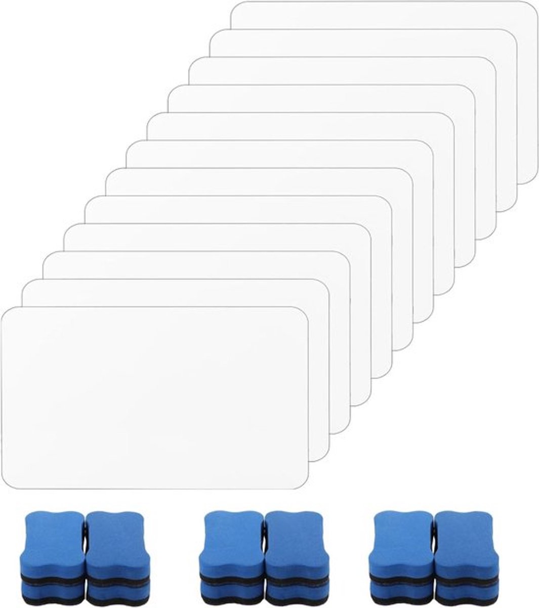 12 Stuks Dubbelzijdig Mini Whiteboard A4 met 12 Wisser, Ideaal voor Klaslokaal, Thuis en Kantoor, Perfect voor Notities en Presentaties