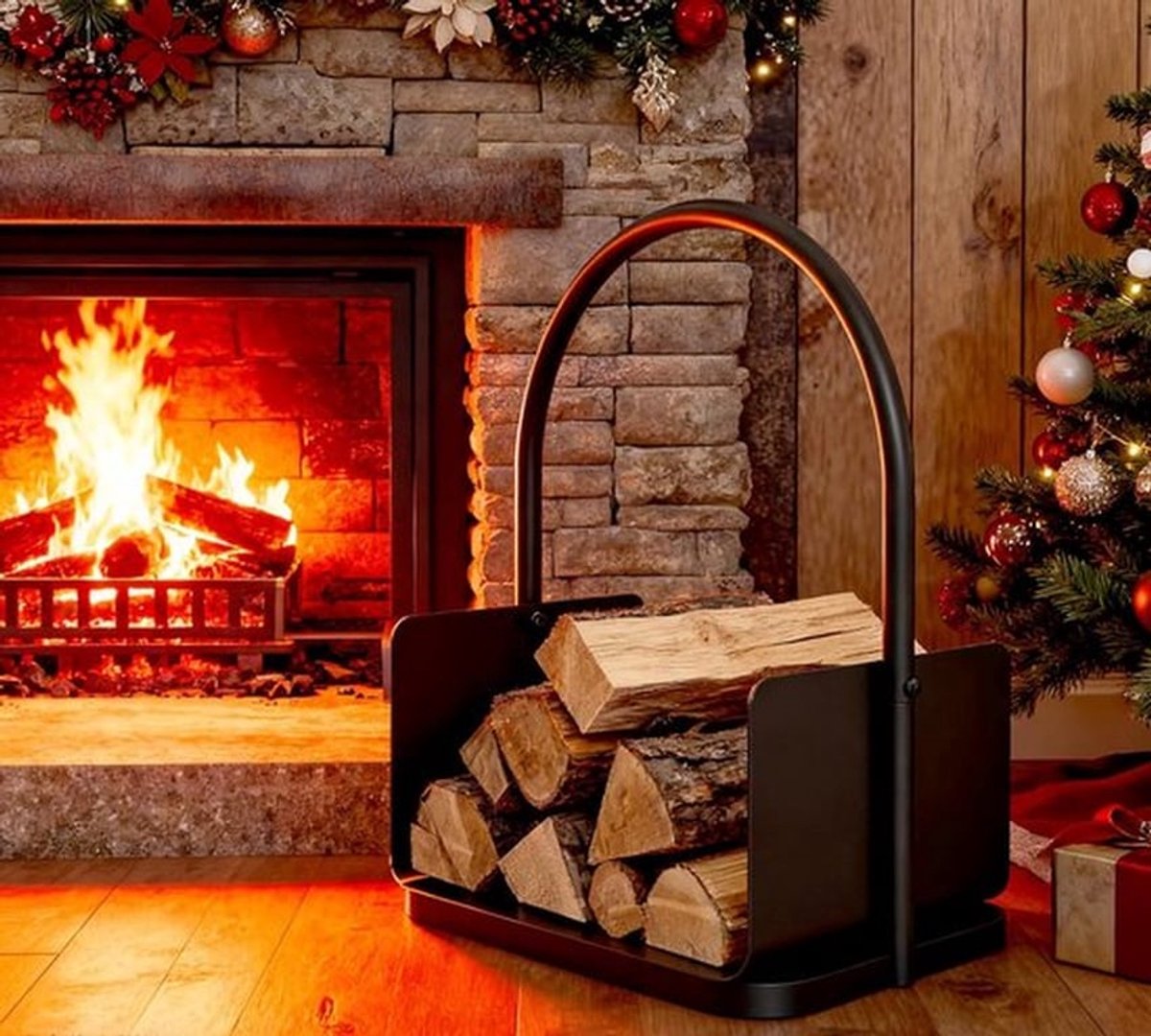 Houtopslagmand van zwart gepoedercoat staal met handvat en verhoogde rand - 42 x 28 x 42 cm - Ideaal voor binnen en buiten, perfect voor haardhout en tuinaccessoires