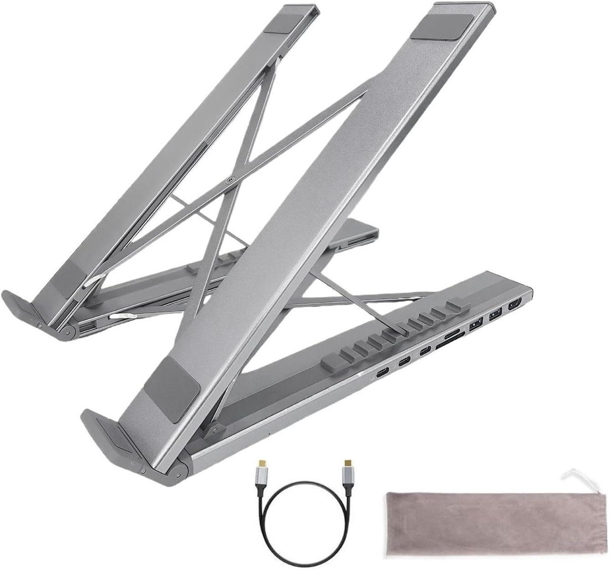 Laptopstandaard met Hub - Computerverhoger Docking Station - Ergonomisch Werken - 8-in-1 Poorten - 4K HDMI - Aluminiumkleur