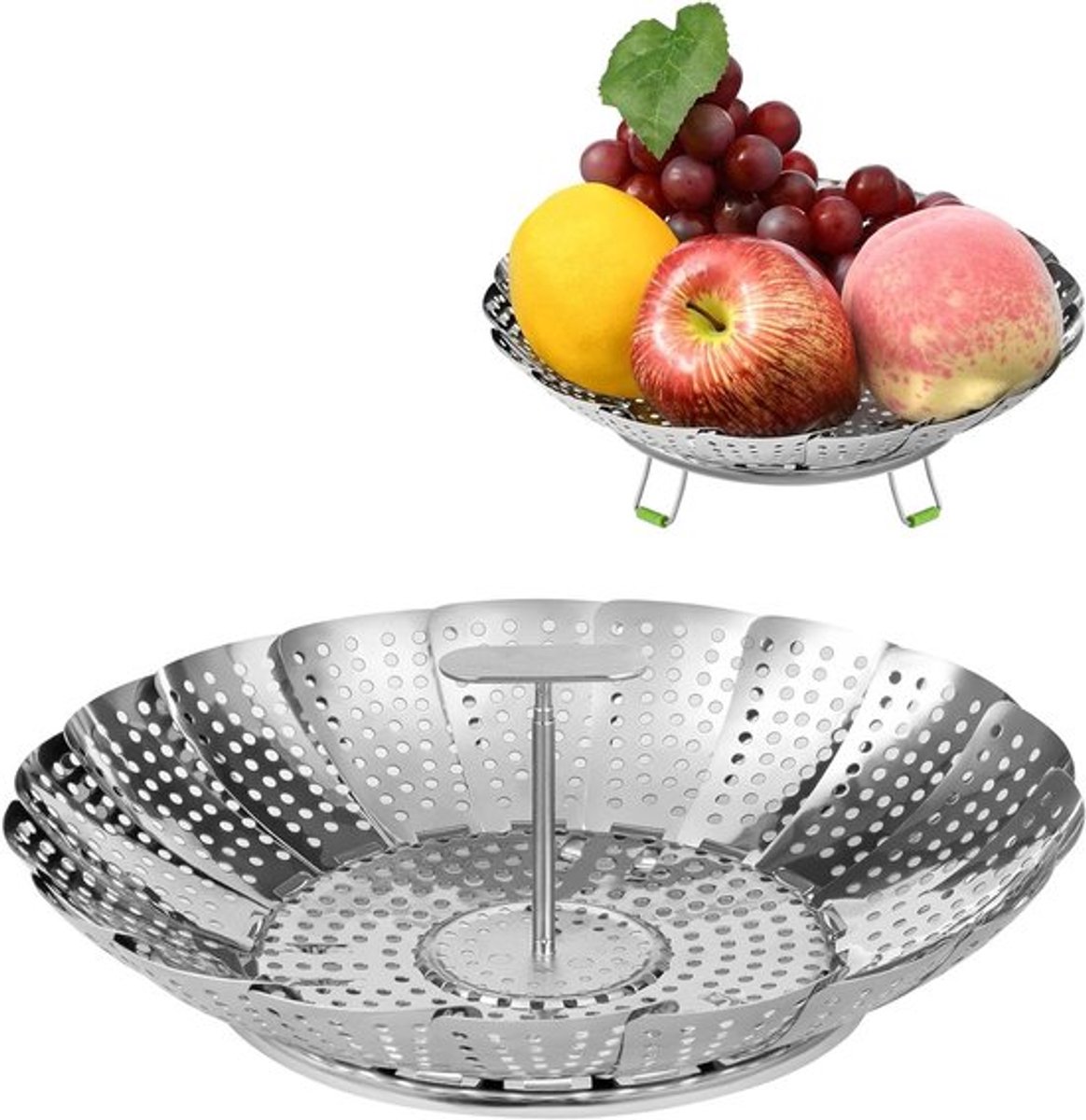 Vouwbare Stoommand 9 Inch - RVS Stoominzet met Handvat voor Groenten en Zeevruchten, Ideaal voor Gezond Koken