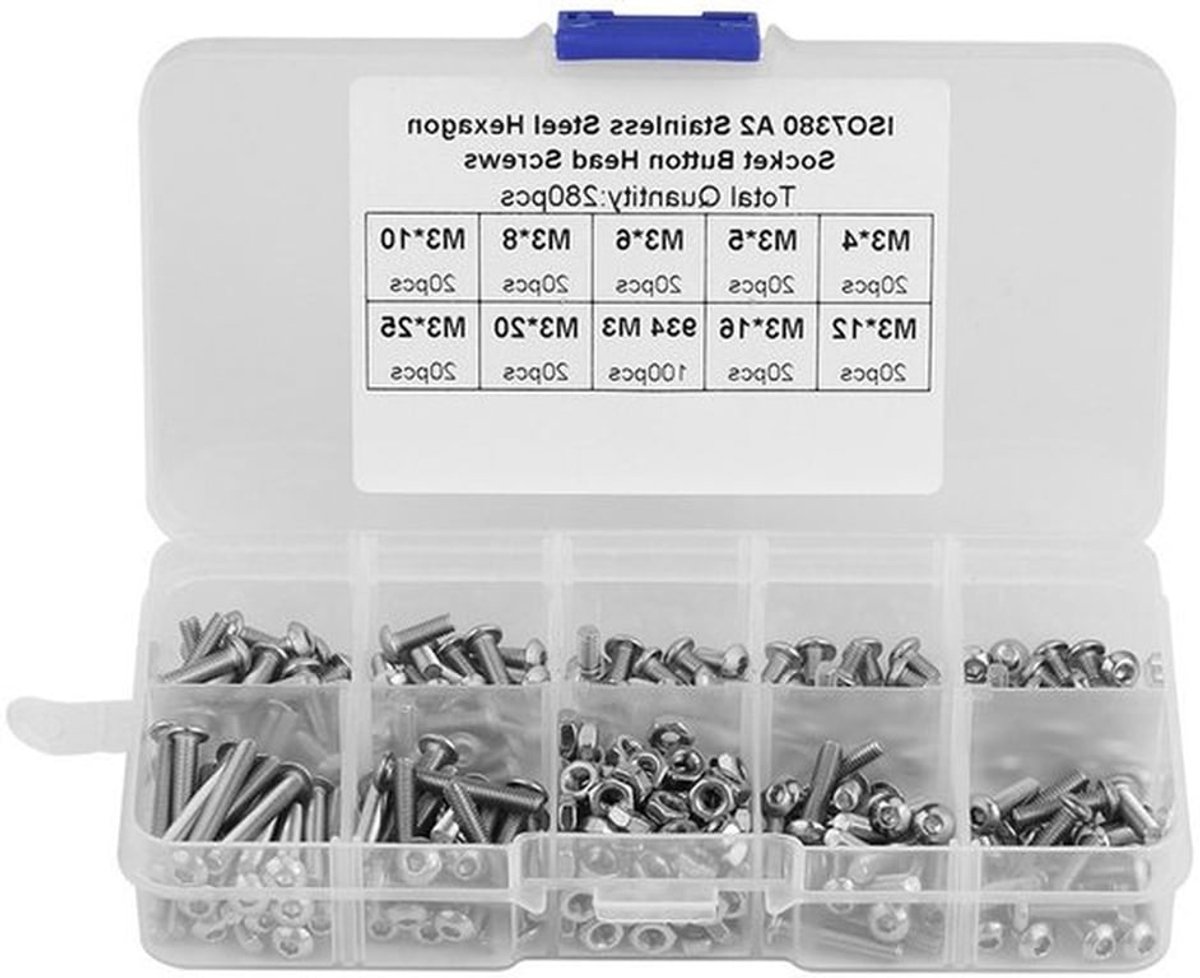 280-delige Assortiment Kit met RVS Pan Hex Hoofd Schroeven en Moeren – M3 Maten van 4 tot 25 mm, Inclusief Hexaansluitingen en Plastic Opbergdoos