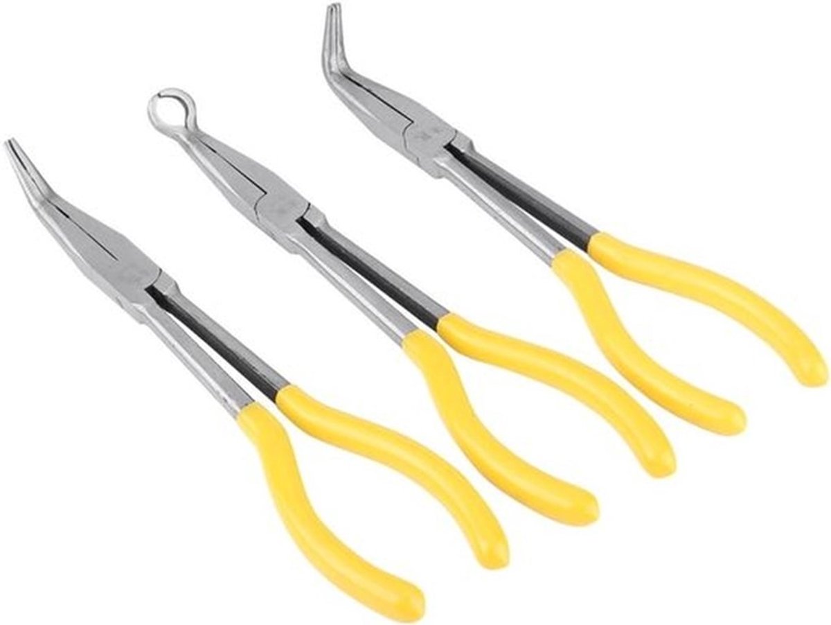 Set van 3 Stuks 11 Inch Extra Lange Tangen met Gebogen Neus en O-vormige Punt voor Precisiewerk en Handgereedschap