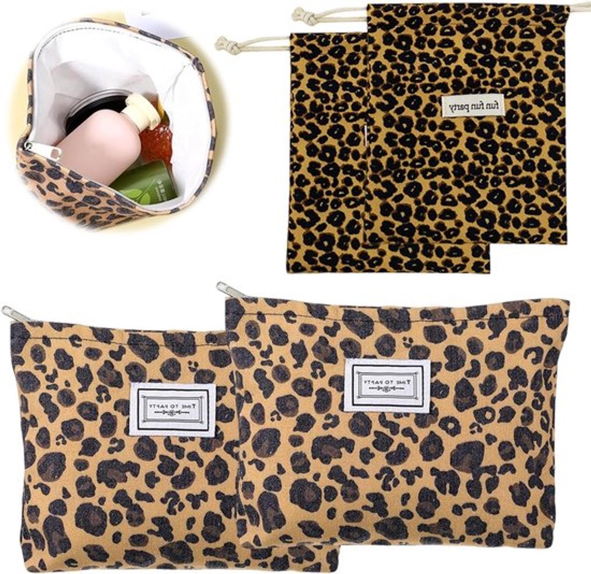 Corduroy Toilettas met Luipaardpatroon, Waterdichte Make-up Tas voor Thuis, Kantoor en Reizen, Set van 4 Stuks