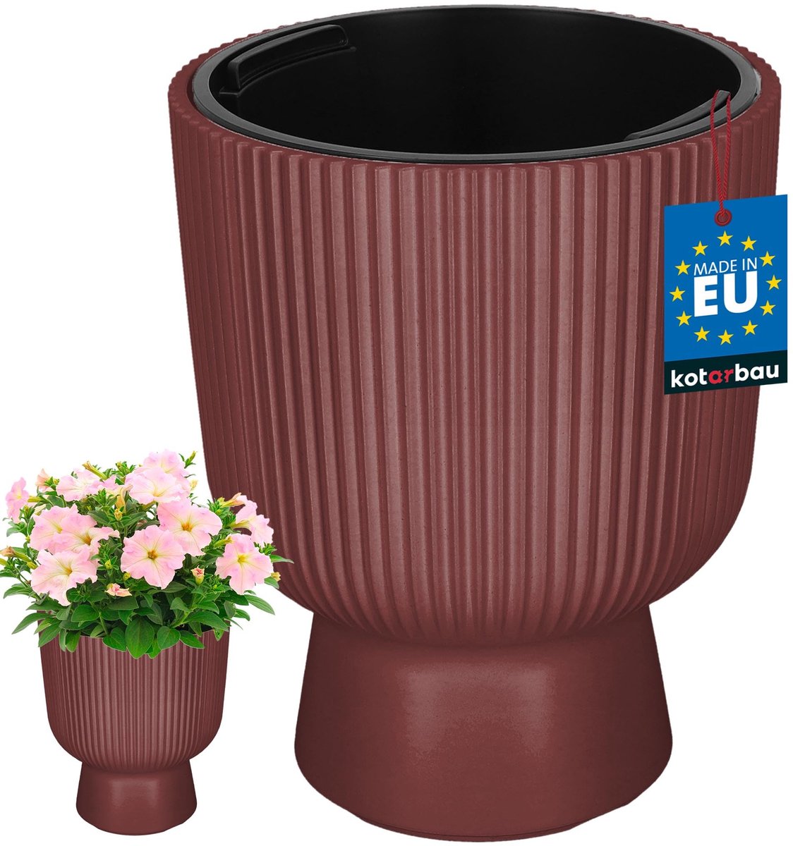 KOTARBAU® Bloempot - Plantenpot Ø 23 cm - met Binnenpot - Geribbelde Plantenbak - Plantenpot met Voet - Plantenbak - Kunststof - H: 30 cm - Marsala