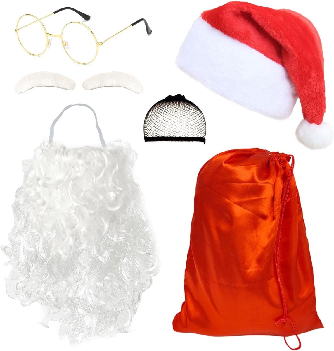 6-delige Kerstman Kostuum Set met Hoed, Baard, Bril en Rode Tas - Perfect voor Feestdagen en Kerstvieringen