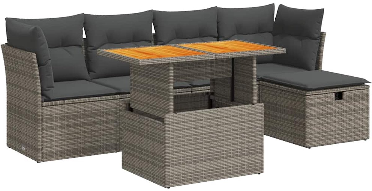 vidaXL 6-delige - Loungeset - met - kussens - poly - rattan - acacia - grijs beige