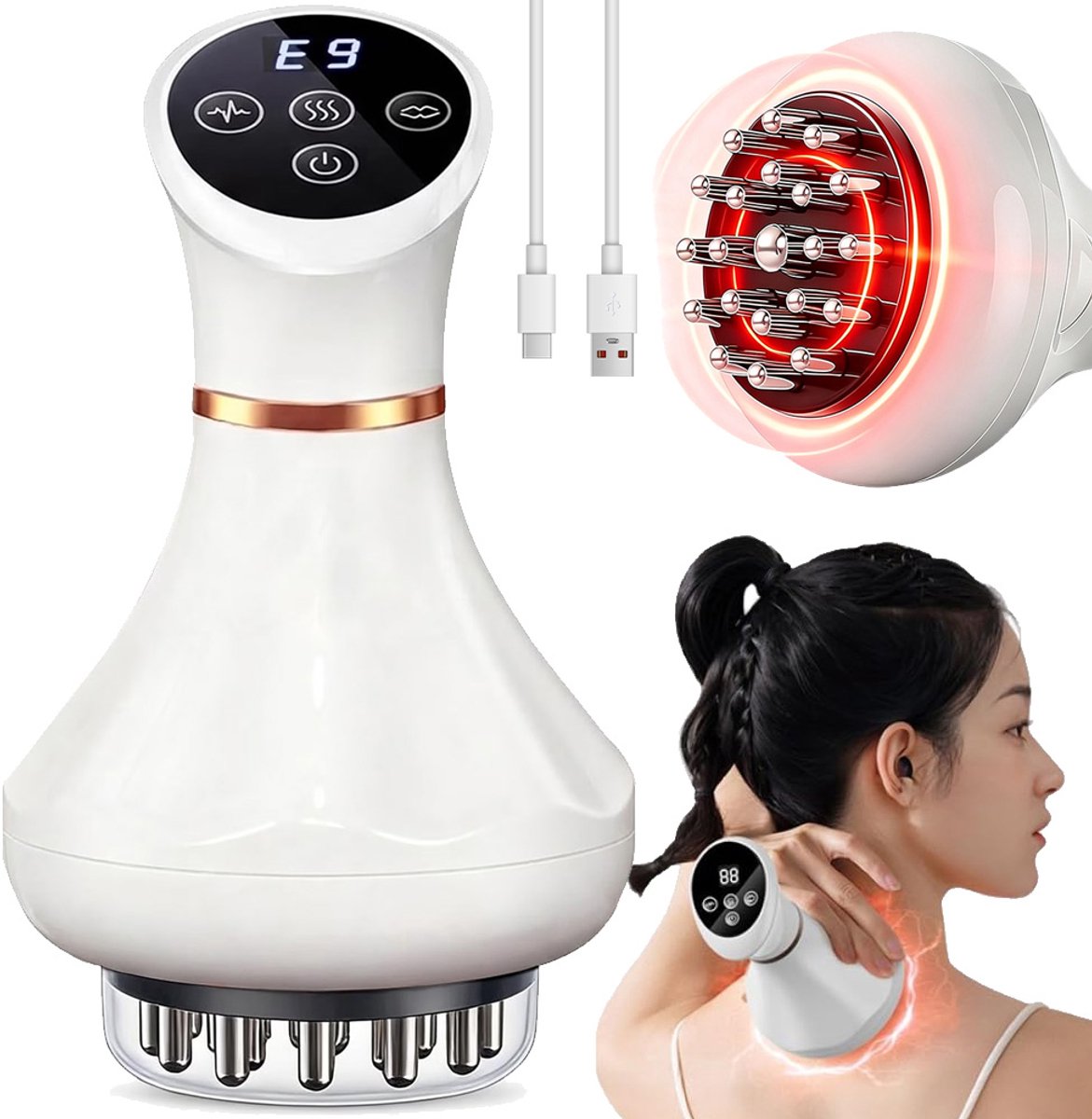 Massager - Oplaadbare Meridiaan Massageborstel - Microstroom Vibratie & Warmte - 9 Niveaus Lymfedrainage - 1200mAh & 1 Uur Opladen - Voor Buik, Dijen & Cellulitis