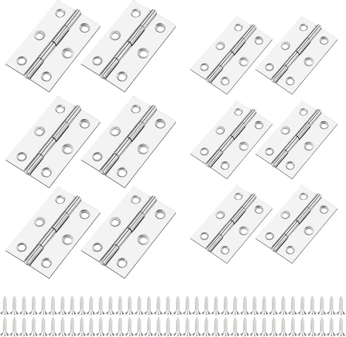 12 stuks roestvrijstalen scharnieren met 72 schroeven - 6 grote (6 x 3,8 cm) + 6 kleine (5,5 x 3,5 cm) - duurzame scharnieren voor kastdeuren, houten dozen en lades, ideaal voor meubels en klussen
