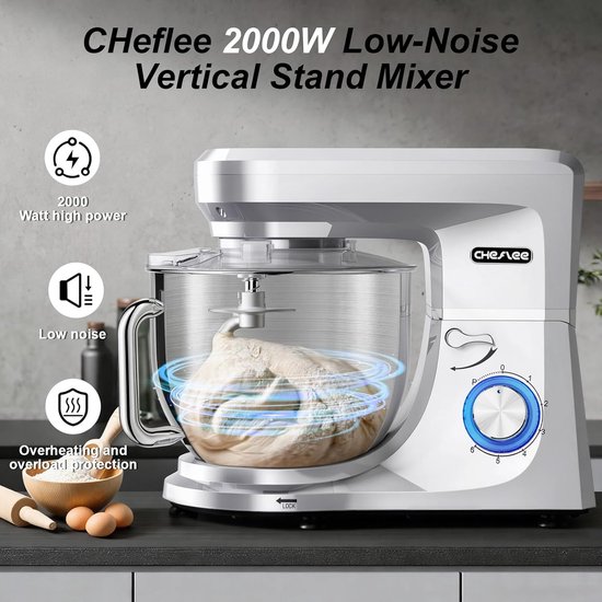 Keukenmachine - Mixer Deegmaker - Bakken en Koken - Krachtige 1800W Motor - 7.2 Liter Kom - Zilver — afbeelding 2