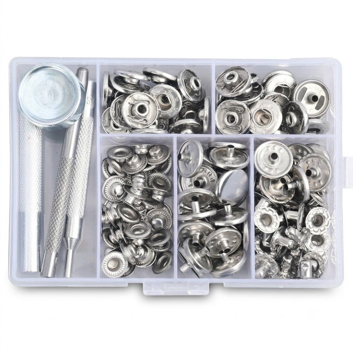 Zilverkleurige drukknopen set 15 mm voor kleding en stof – 40 delige drukknoopsluitingen inclusief bevestigingsgereedschap, metalen drukknopen, vervangingsset voor kleding, tassen, doe het zelf en reparaties