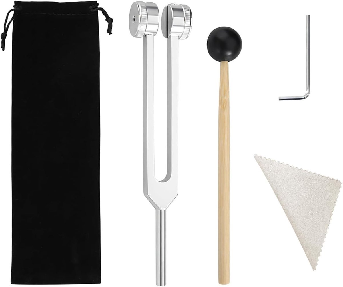 Verstelbare Aluminium Stemvork van 21,5 Cm met Houten Lepel en Reinigingsdoek voor Klanktherapie en Meditatie, Inclusief Moersleutel en Therapie Accessoires