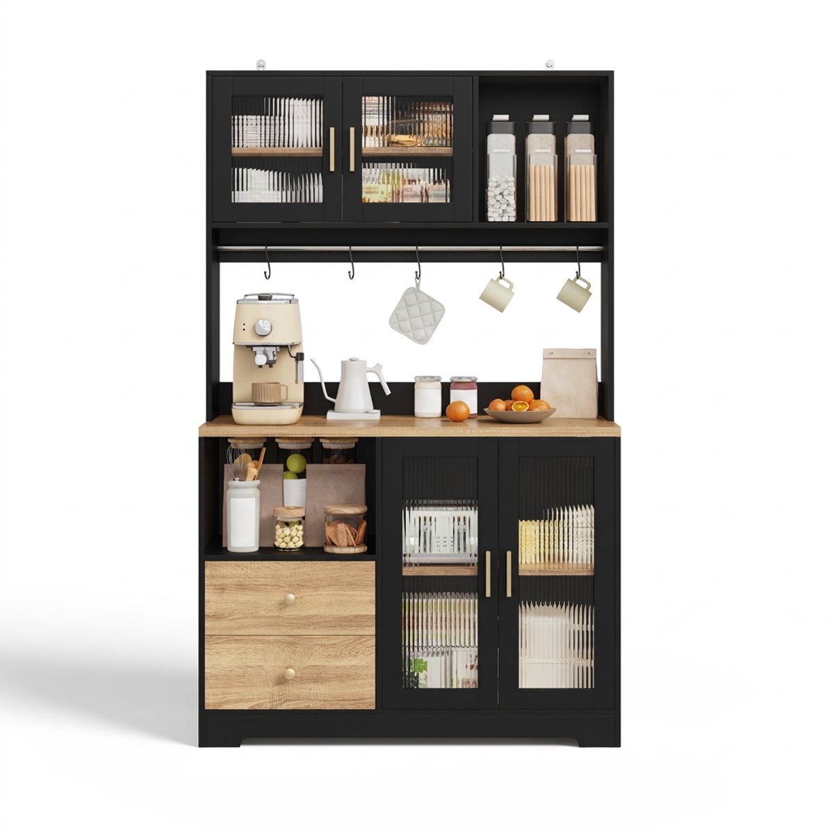 Hoge keukenkast met LED-stopcontact en USB, zwarte glazen vitrine, wijnrek, koffiebar met houtlook werkblad – 178 cm MDF, voor keuken en eetkamer