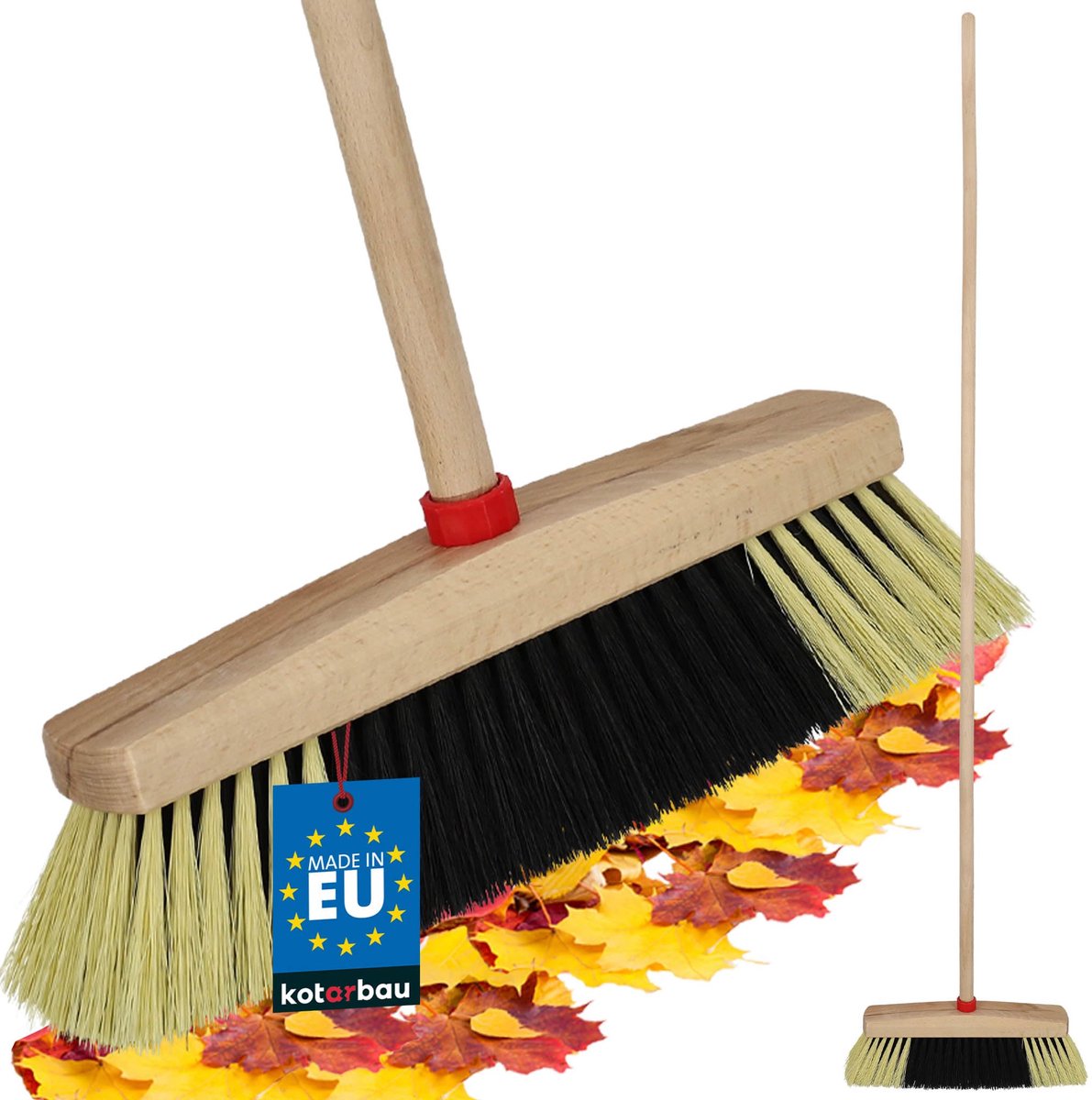 KOTARBAU® Straatbezem - Veegbezem - Tuinbezem - Buitenbezem 30 cm - met PET-borstelharen - Buitenbezem van Beukenhout - met Houten Steel - voor Binnen en Buiten - Zwart en Beige