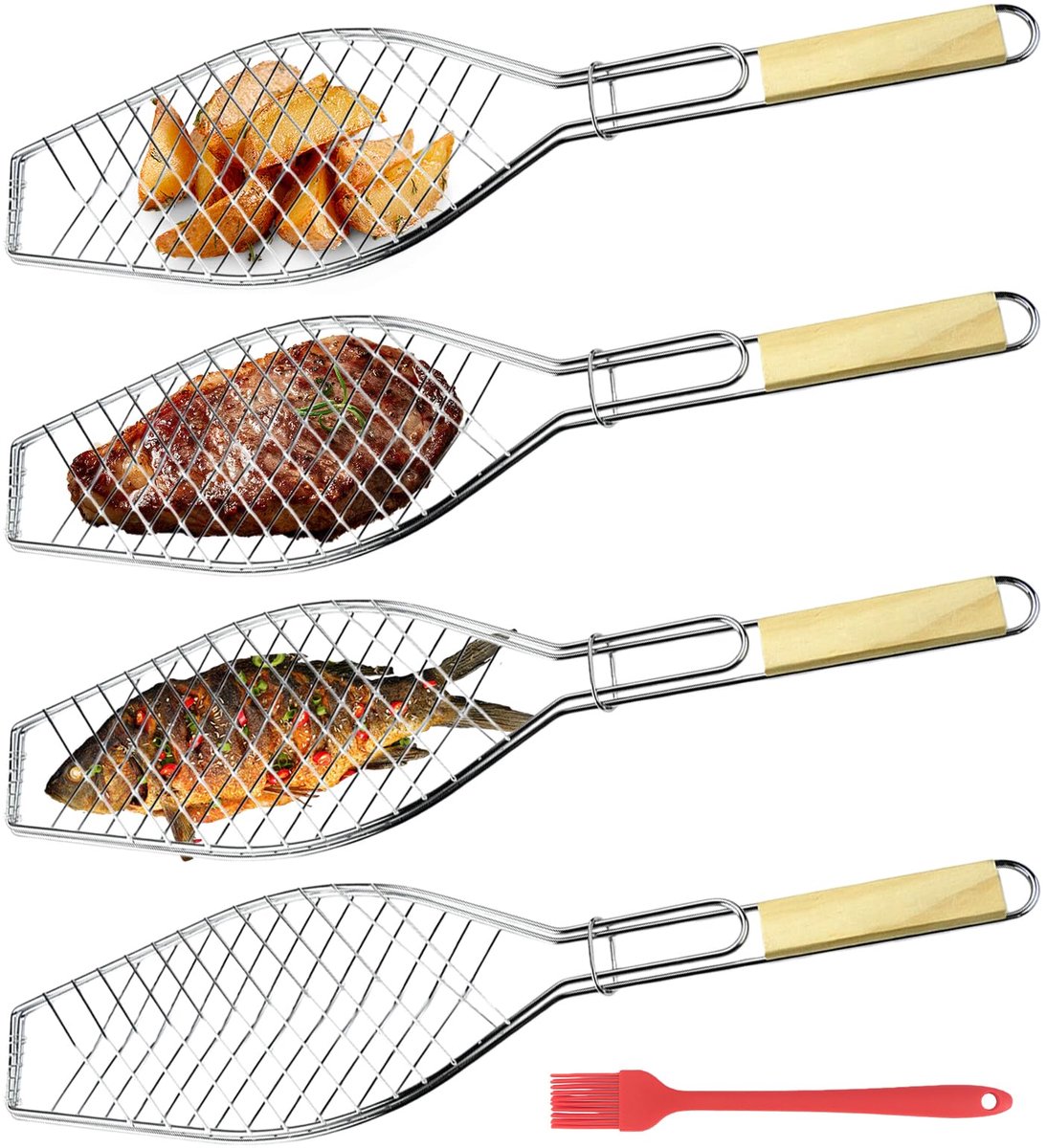 SnelShoppen - 4-Delige Vis Bräter Set, Vis Grillhouder met Houten Handvat, Roestvrijstalen Vis Grillrooster met Olie Kwast, 60 x 15 cm Gril Tangen voo