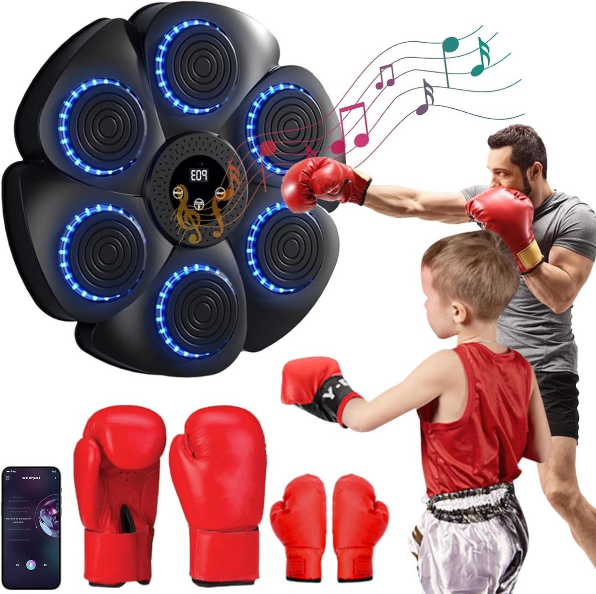 Muziek Boksmachine - Slimme Ponsmuur - Fitness Thuis - LED Ritme Licht - 40x40x6 cm - Zwart