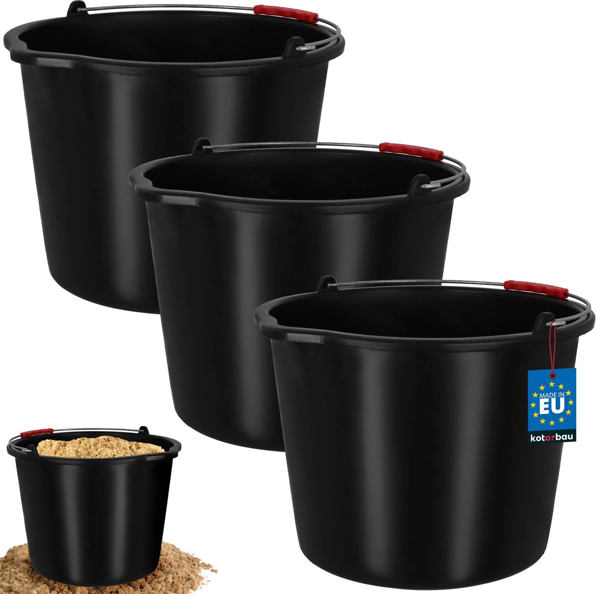 KOTARBAU® 3 Stuks - Bouwemme 20 L - Mortelemmer van Kunststof - Cementemmer - Emmer met Uitgiettuit en Handgreep - Emmer voor Bouwplaats - Zwart