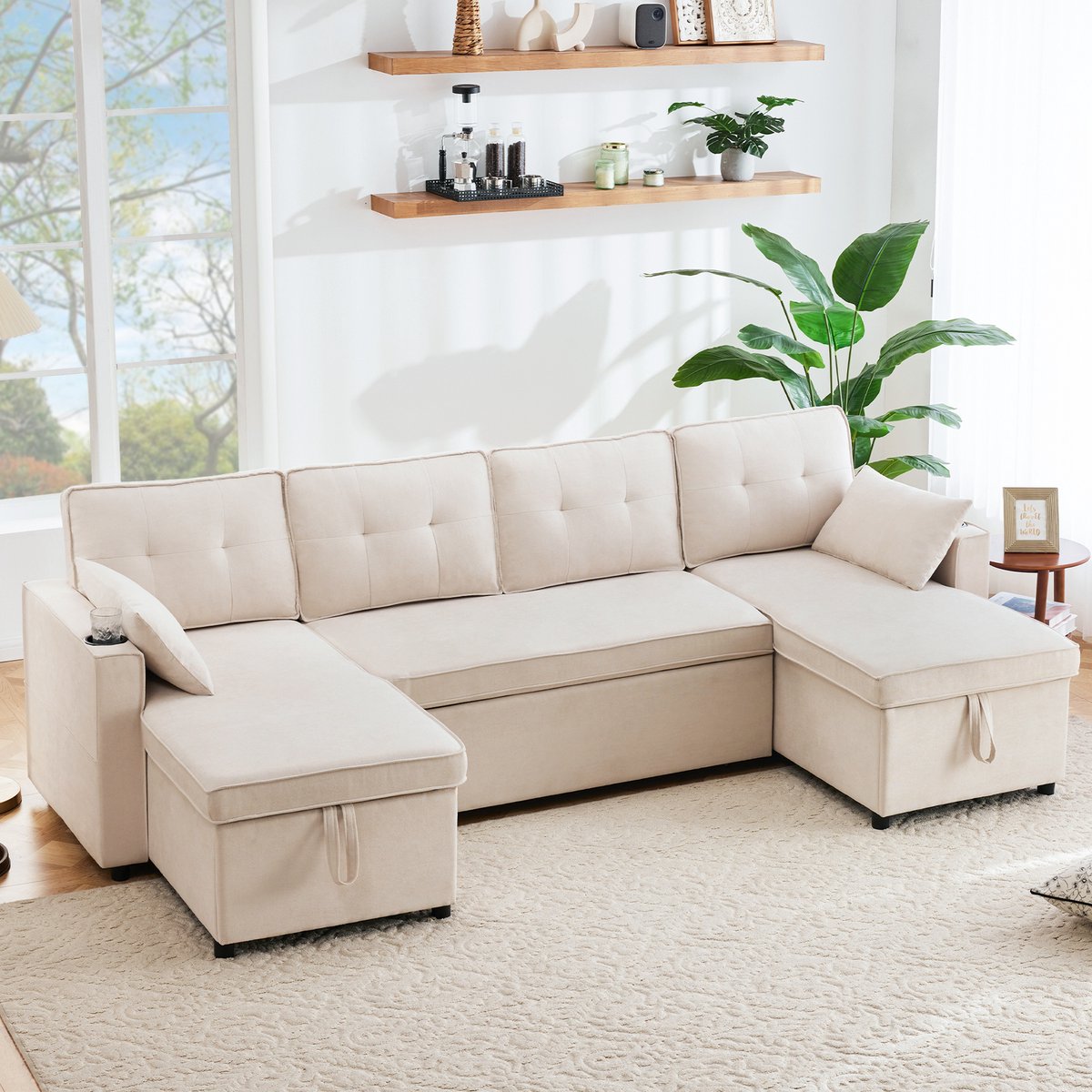 Sofa - U-vormig 4-zits slaapbank met opbergruimte, drinkhouders & 2 kussens - 270x130x86 cm - Beige