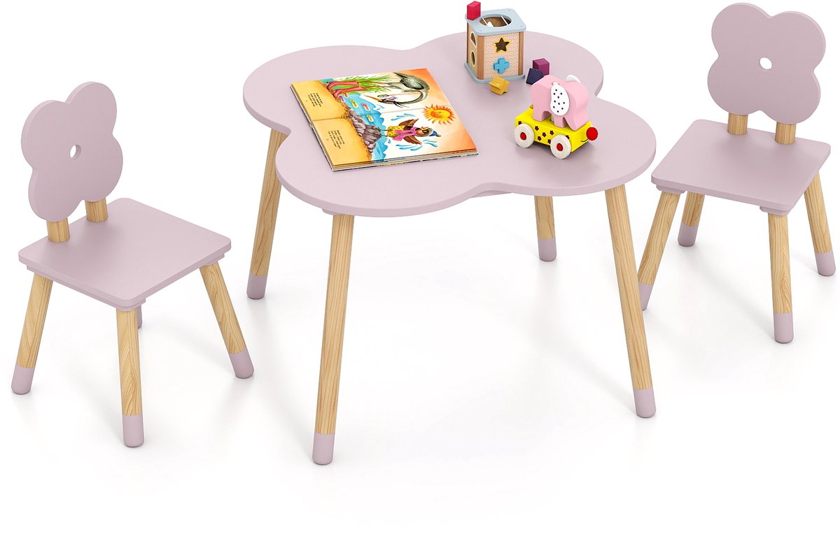COSTWAY Kindertafel met 2 stoelen in bloemvorm, 3-delige kinderset met FSC-duurzame dennenhouten poten, schildertafel, speeltafel, knutseltafel voor kinderen vanaf 3 jaar (Roze)