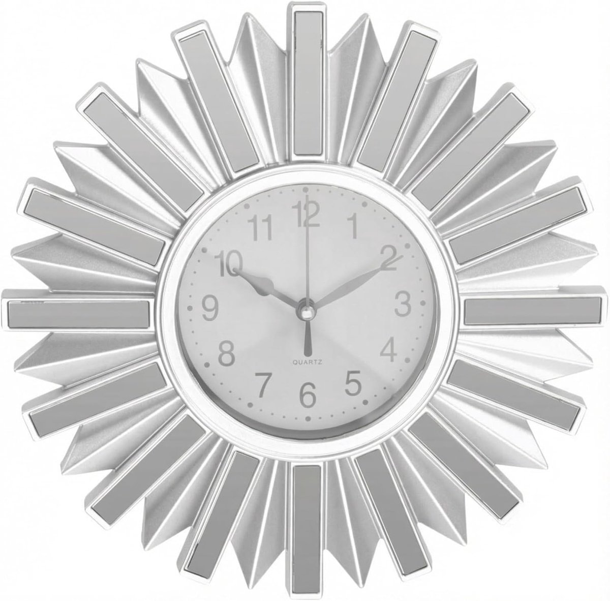 SnelShoppen - Wandklok Zilver Ø 25 cm Rond Modern met Spiegelelementen Geluidsarm Kwarts voor Woonkamer en Slaapkamer Design Klok op Batterijen