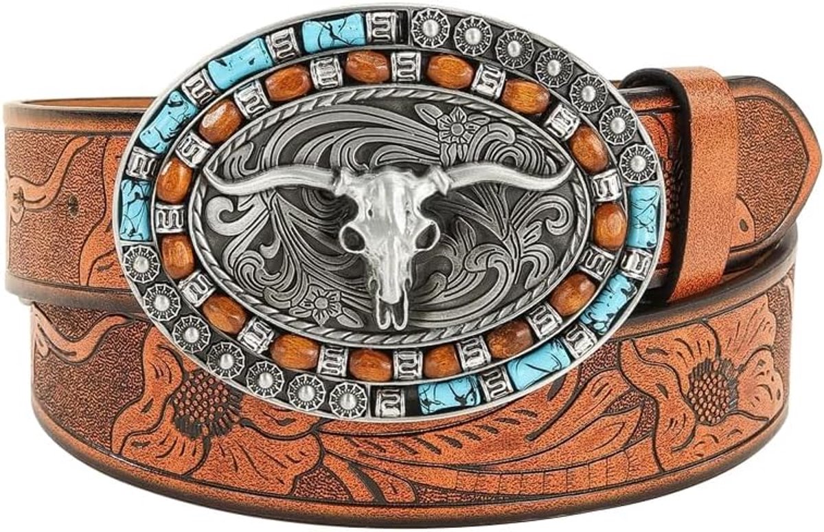 SnelShoppen - Dames Western Leren Ceintuur met Gesp - Turquoise Gegraveerde Tailleceintuur met LongHorn Stier Gespen - 125 cm Lang
