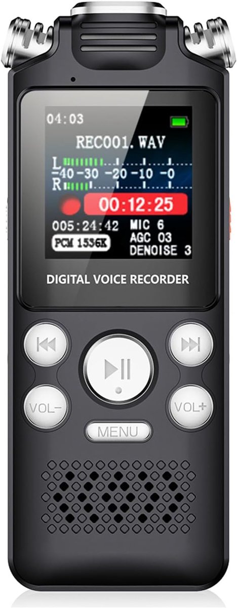 SnelShoppen - Digitale Voice Recorder met Display, Geluidsgecontroleerde Ruisonderdrukking, MP3 Speler, Type C Aansluiting, 32GB, Zwart voor Vergaderi