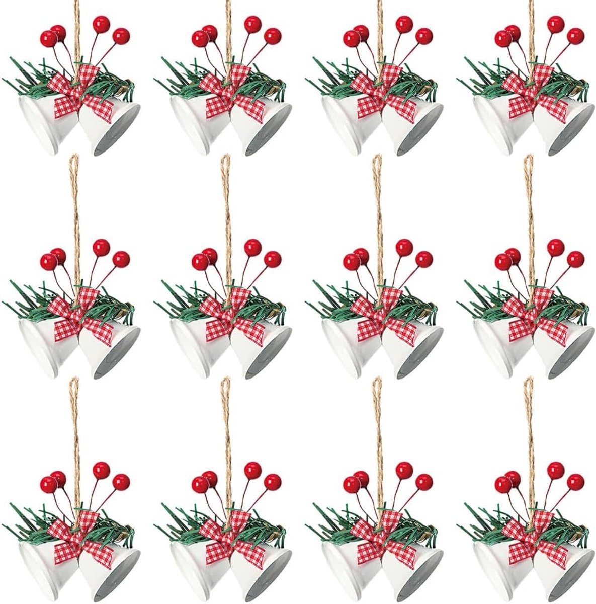 SnelShoppen - 12 Stuks Kerstbel Ornamenten met Bessen en Strik - Metalen Jingle Bells voor DIY Kerstdecoratie, Wreaths en Feestversiering