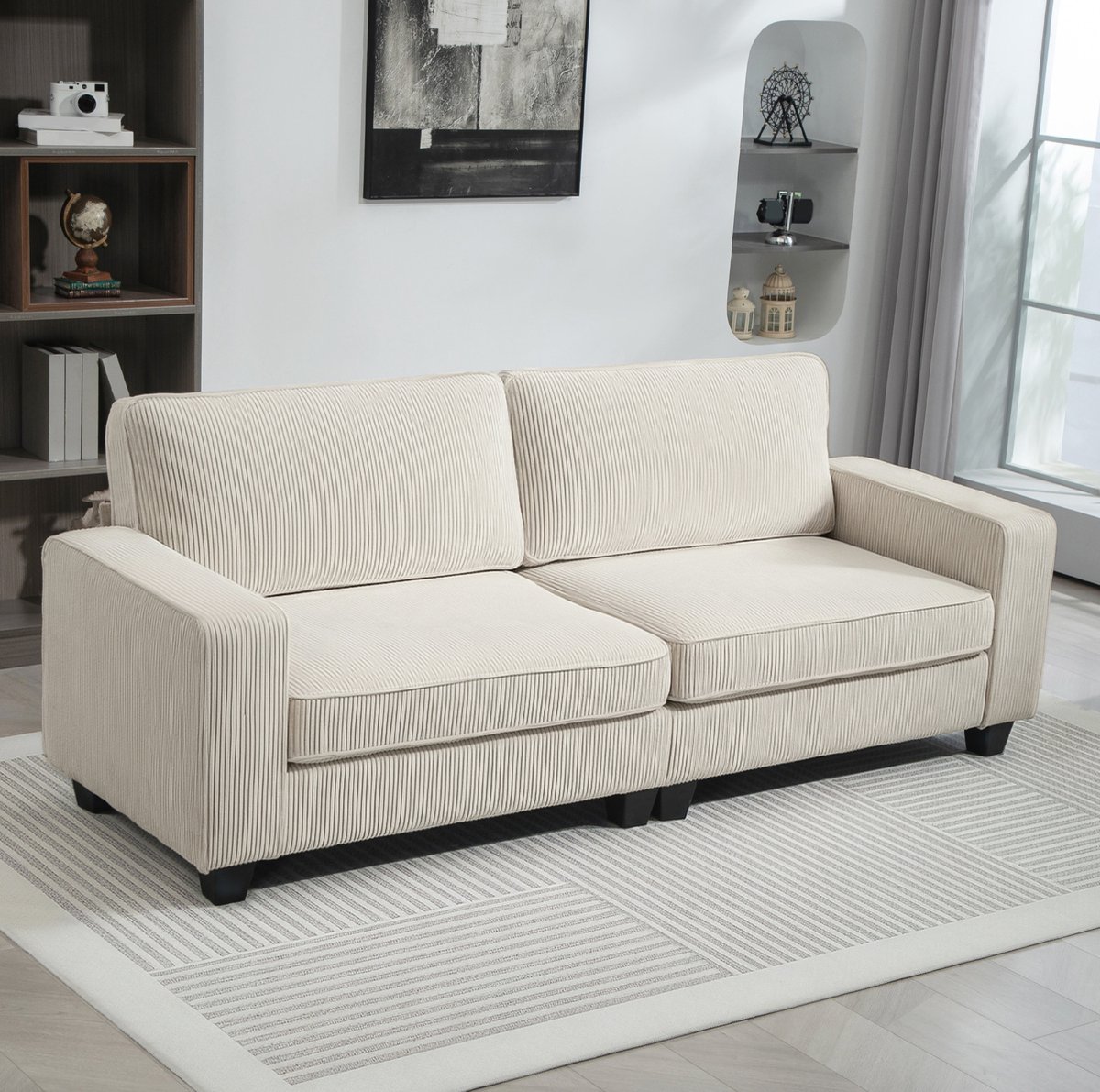 MIVRAY Bank 227 Cm - 3-Zits Zitbank Met Armleuningen En Rugkussens - Voor Woonkamer En Slaapkamer - Cordstof - Crèmewit
