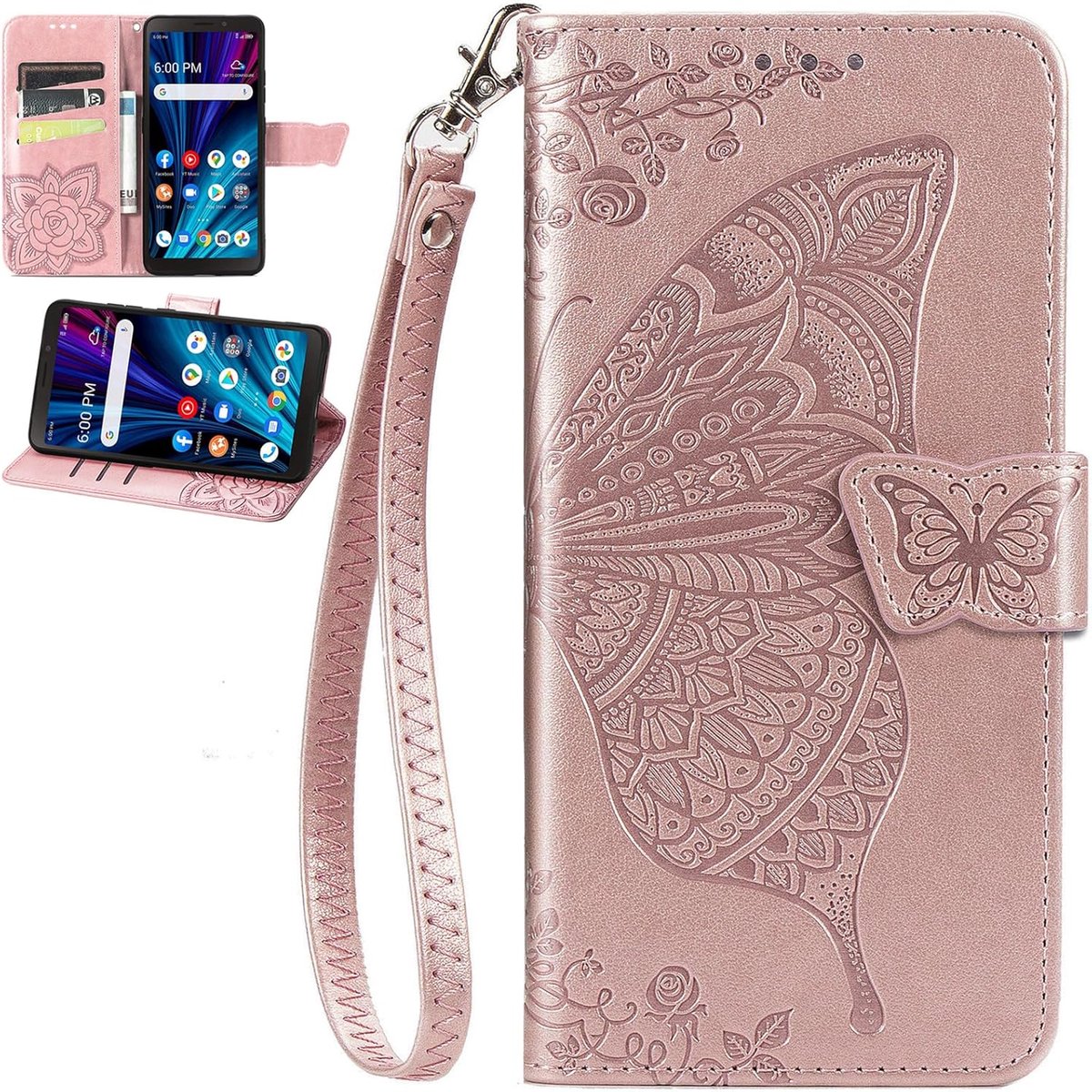 SnelShoppen - Hoesje voor Telekom T Phone 3 met Kaarthouder, Polsband, 3D Bloem Reliëf, Vrouwen Portemonnee Cover, PU-Lederen Flip Case, Bescherming,