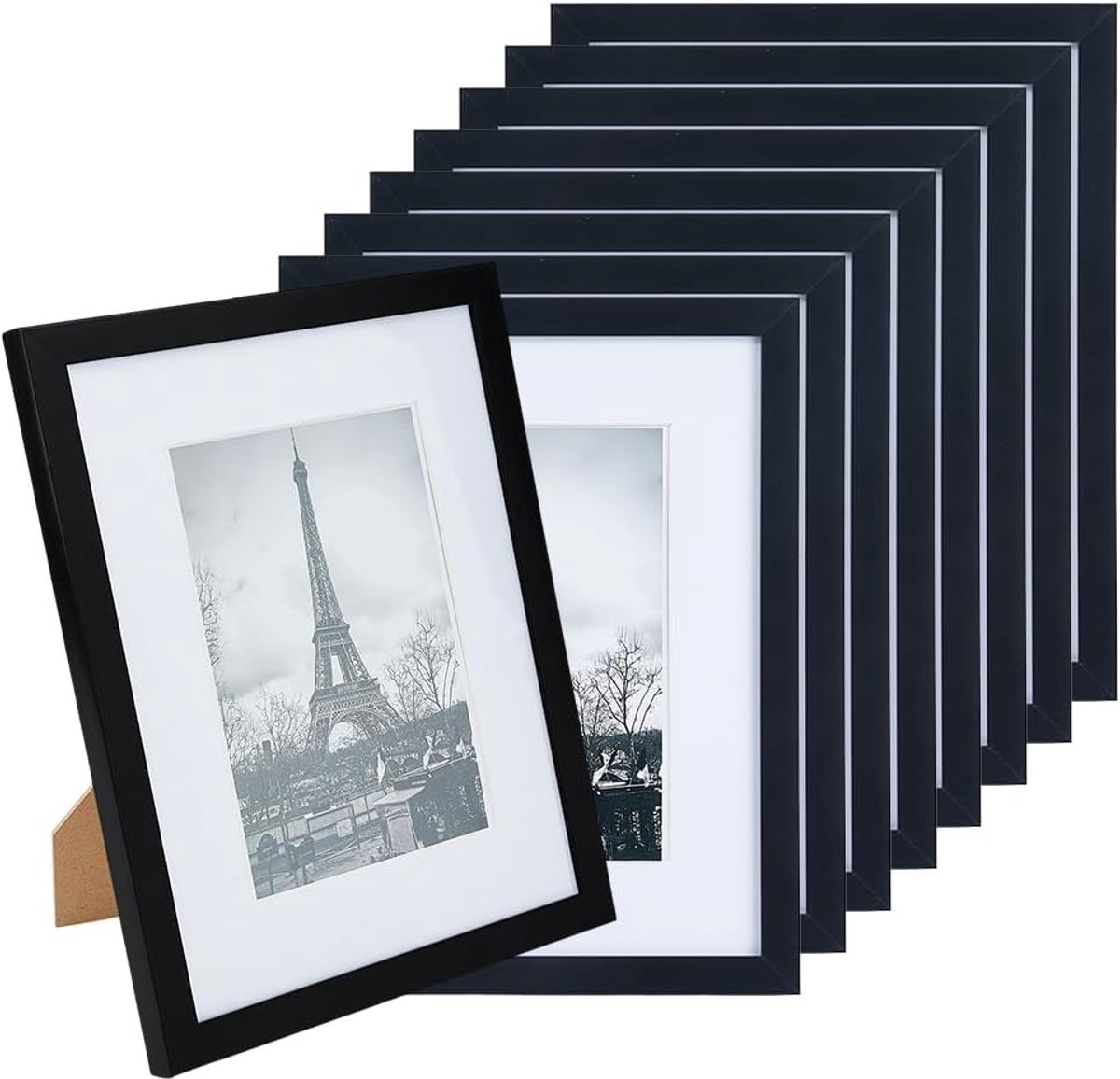 SnelShoppen - 8 Stuks Zwarte Theaterlijst 27.5 x 22.4 cm voor 20 x 25 cm Media en Ticket PVC Fotolijst Set met Hanger en Stand voor Wand- of Tafeldeco