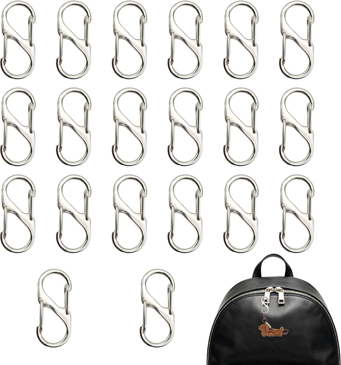 SnelShoppen - Carabiner haken 20 stuks - Mini haakclips lichtgewicht - Zilverkleurige haken sleutelhanger - Compacte haken voor backpacken, kamperen e
