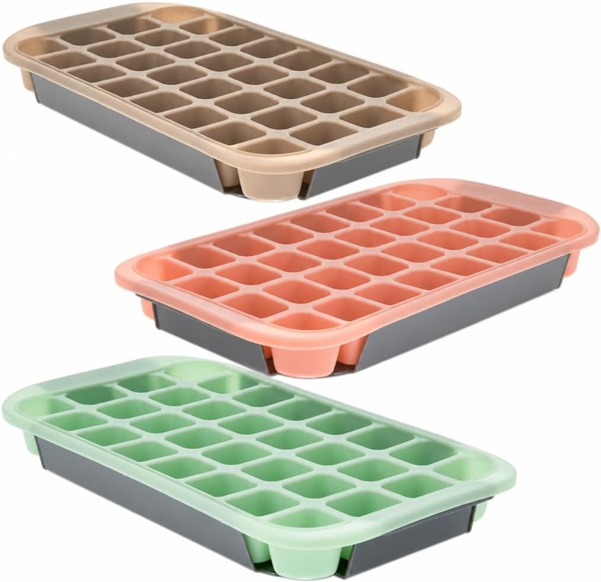 SnelShoppen - Set van 3 ijsblokjesvormen met stabiele draagtray, anti-slip en stapelbaar, silicone ijsblokjesvorm voor 24 ijsblokjes, BPA vrij, pastel