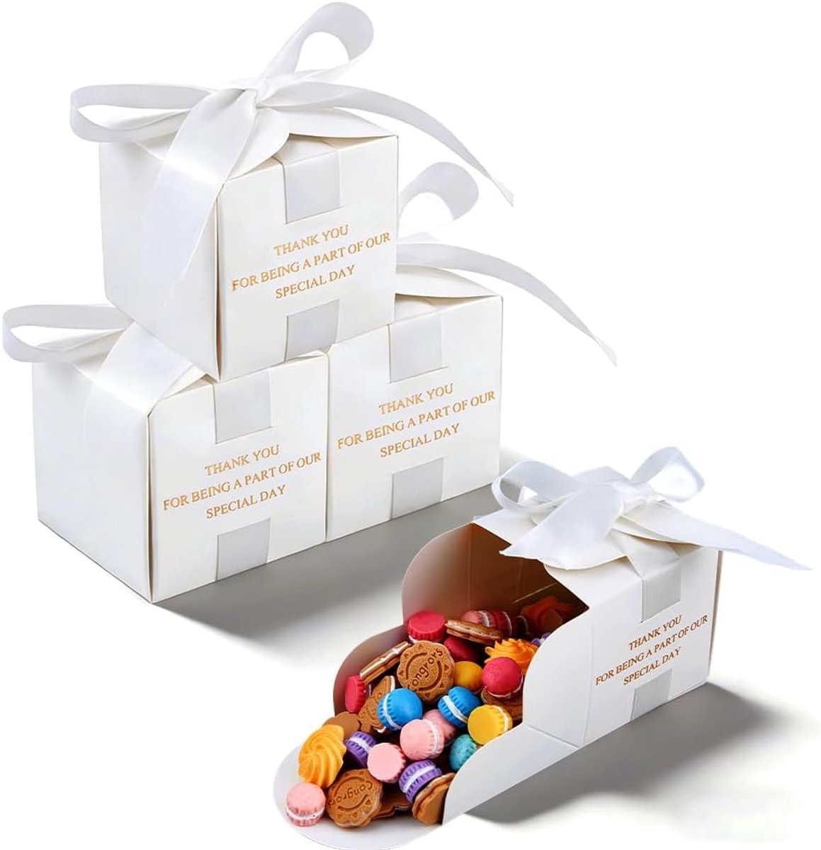 SnelShoppen - DICOSMETIC 60 Stuks Bruiloftsgastgeschenkdoosjes 6,5 x 6,5 x 6,7 cm met Witte Strikken - Elegante Kleine Dozen voor Bruidsdouche, Verjaa