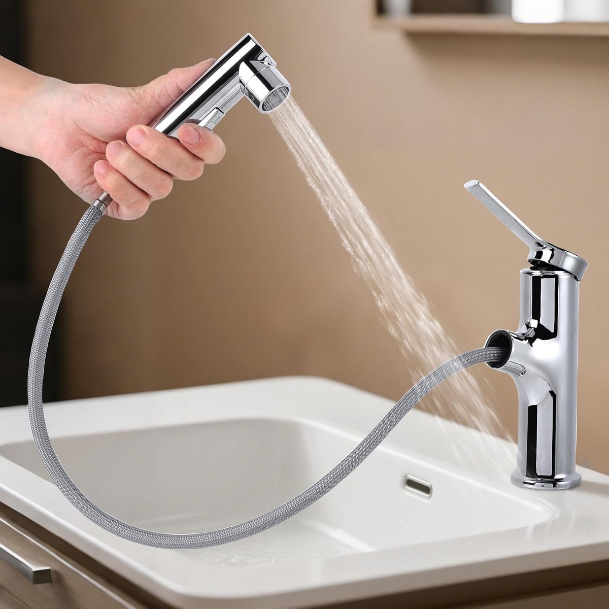 SnelShoppen - Waskraan met Uittrekbare Spray, Mengkraan voor Warm en Koud Water, Toiletafvoer Kraan met Draai Charisma (Electro-verchroomd)