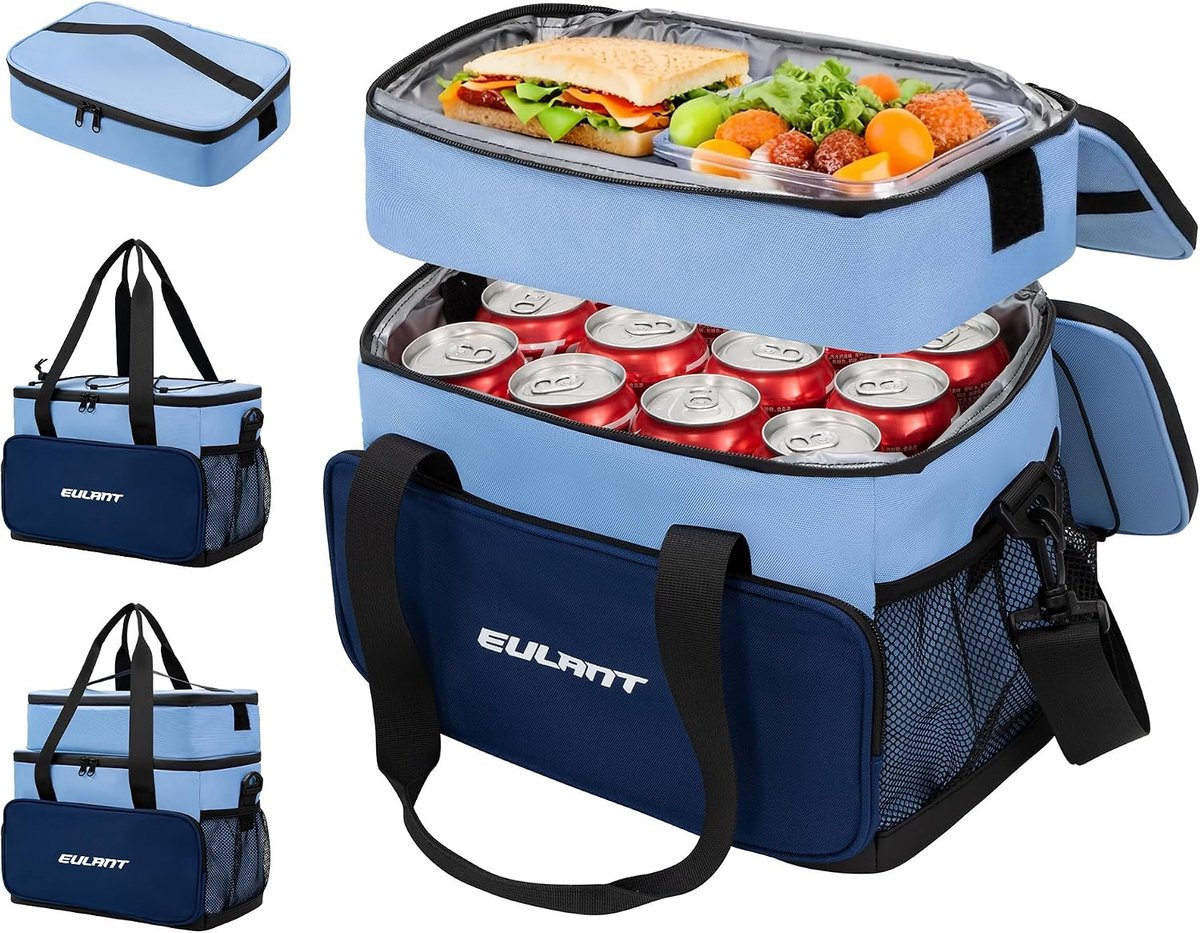 SnelShoppen - 2-in-1 Koeltas Set met Waterdichte Rits, 16.7L Grote Thermo Koeltas + 6L Kleine Lunchbox, Geïsoleerde Picknicktas voor Warm Koud Voedsel