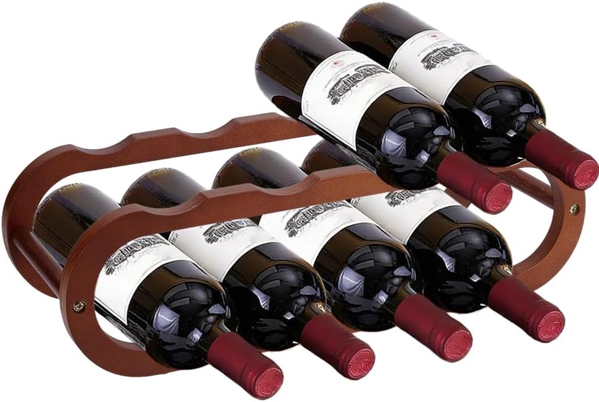 SnelShoppen - Houten wijnrek en drinkfleshouder voor 2 flessen, compact design voor keuken, werkblad of kast, bruine kleur, 40 x 15 cm, ideaal voor fe