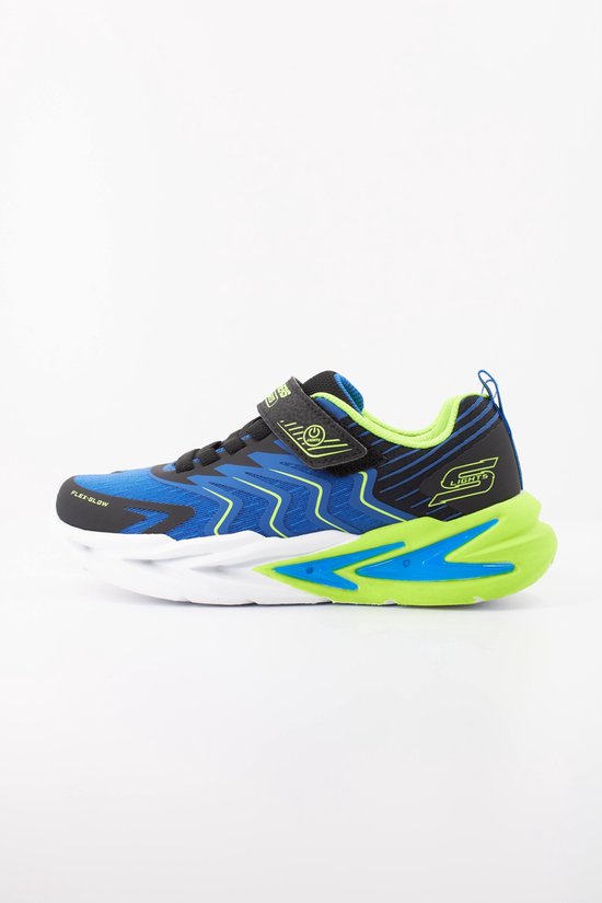 Blauwe Skechers gymschoen met klittenbandsluiting, limegroene en zwarte accenten. Witte zool en 'Flex-Glow' op zijkant.