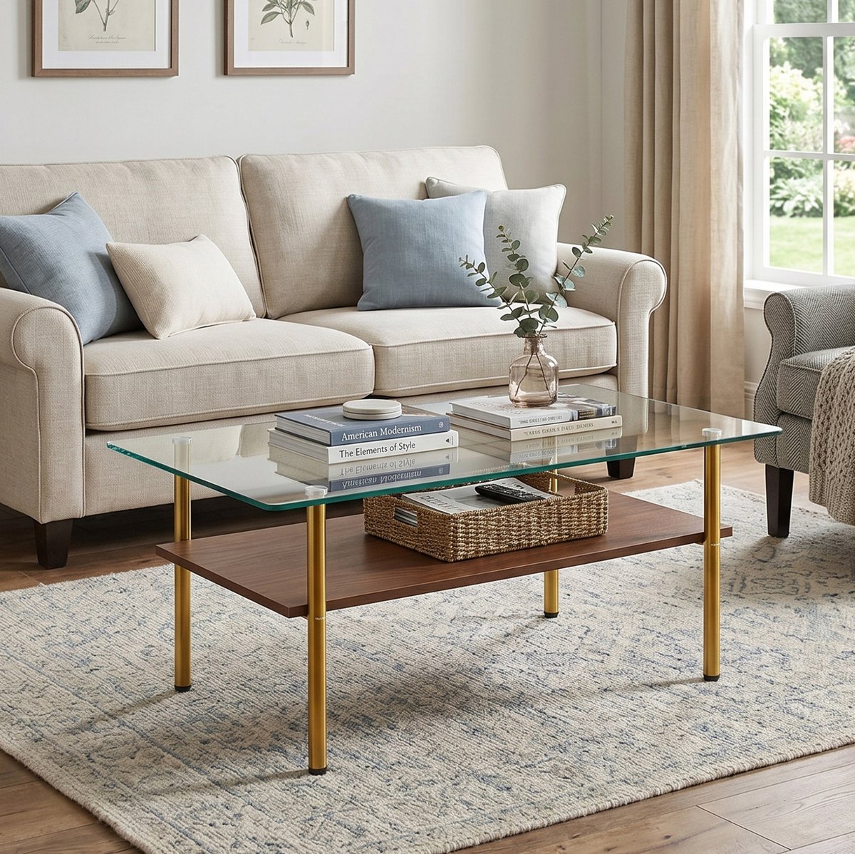 FloraGrace Salontafel Met Glazen Blad En MDF Opbergplank - Luxe Modern Design Voor Woonkamer En Ontvangstruimte - Metaal Houtlook - 98x58x45 Cm - Bruin Goud