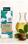 Fles Kneipp Goodbye Stress badolie, watermunt en rozemarijn, met een flesje olie en twee noten.