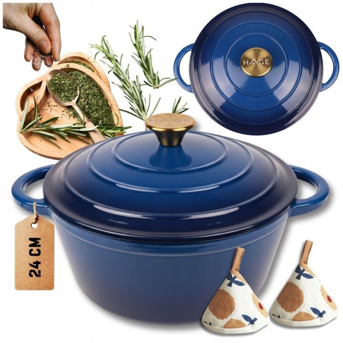 Hage - Braadpan - Geëmailleerde Gietijzeren Braadpan - Casserole - Geschikt voor Inductie, Gas & Oven - Inclusief Pannenonderzetter & Handgreepbeschermers - 4 Liter - Ø24 x 12 cm - Blauw