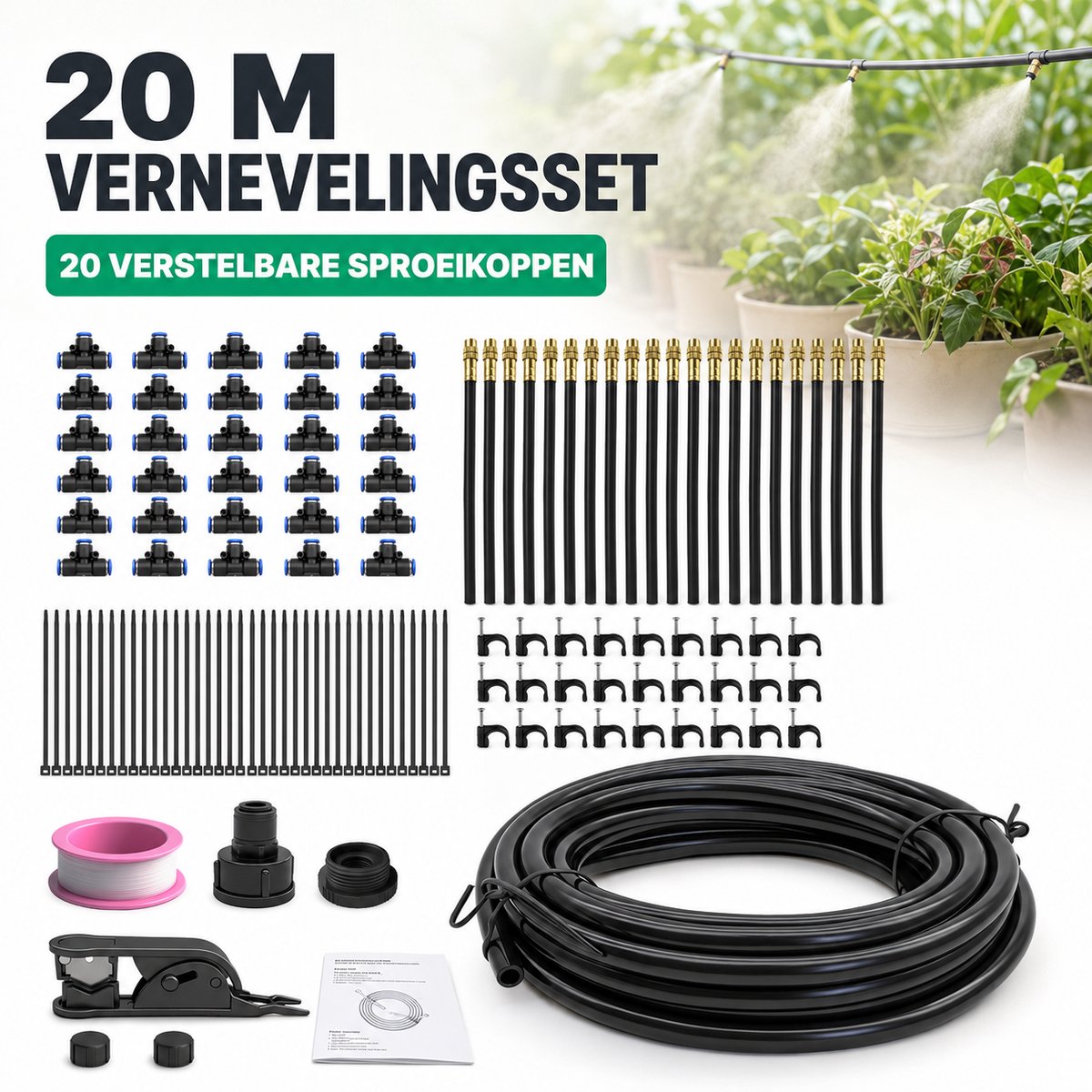 Nevelsproeier voor Tuin 20 m - 20 Verstelbare Sproeikoppen - Complete Vernevelingsset