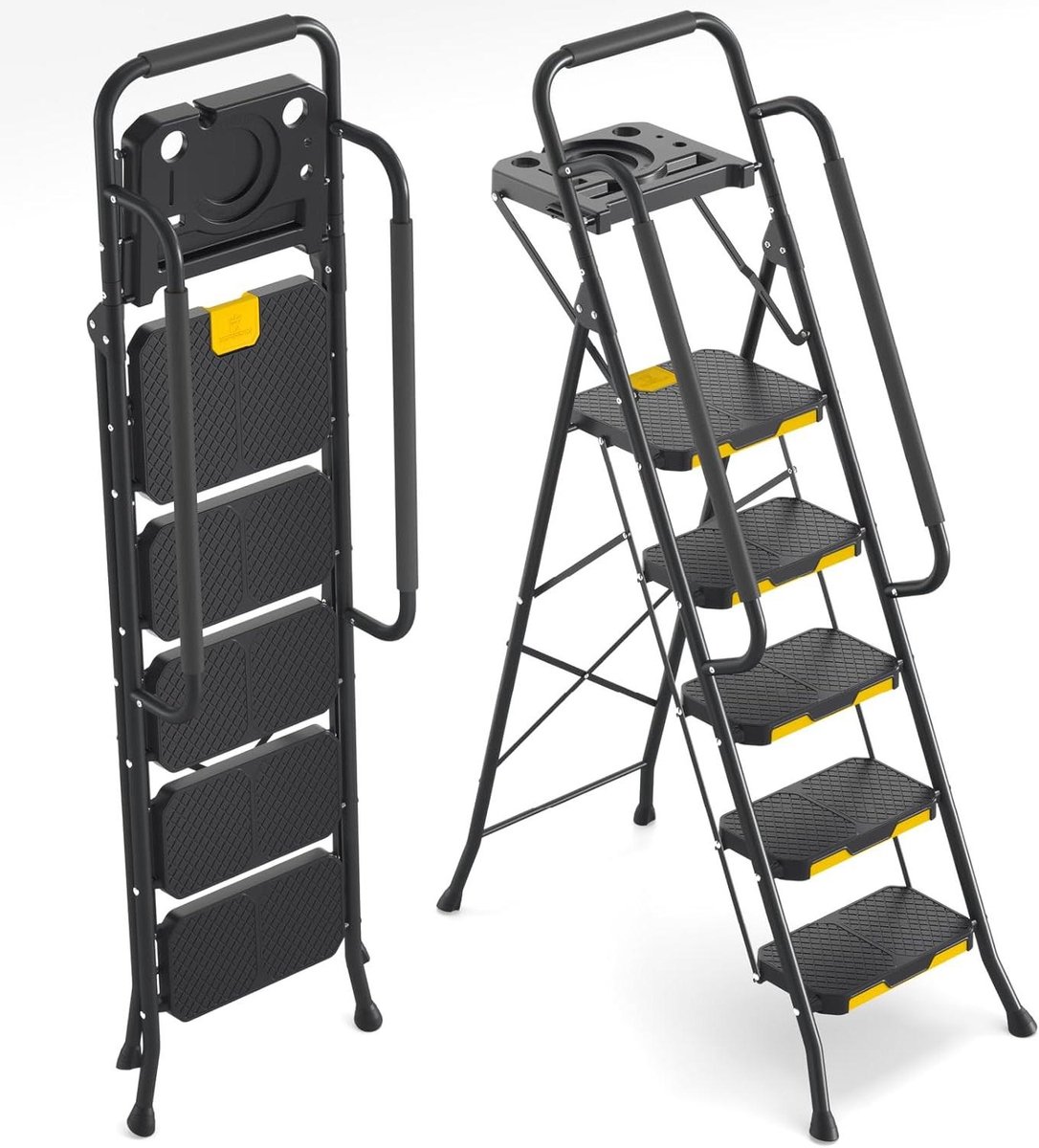 Opstapladder 5-traps - Inklapbare trap - Huishoudelijk werk - Met gereedschapsbak - Max 360 kg - Zwart