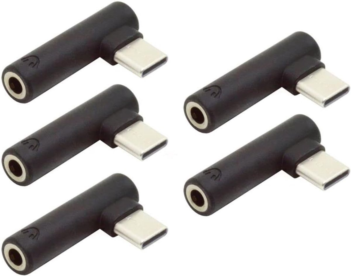 SnelShoppen - USB C naar 3.5mm adapter - Hoofdtelefoon AUX audio jack - 90 graden hoek ontwerp - 5 stuks - Compatibel met Type C - Audio accessoire vo