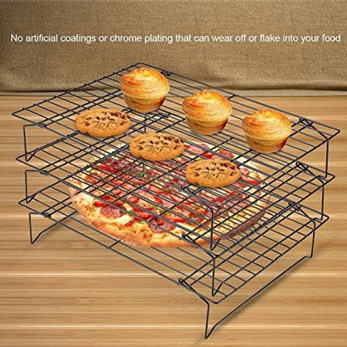 SnelShoppen - Stapelbare Cooling Grate 3-laags van Carbon Staal, Koelrek voor Cupcakes, Koekjes, Pizza en Brood, 34 x 24.5 x 19.5 cm