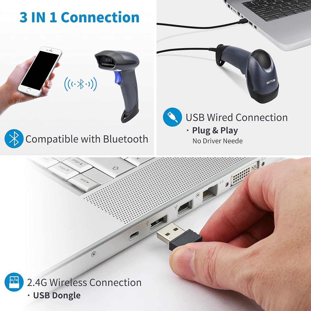 SnelShoppen - Barcode Scanner 3-in-1 Bluetooth, 2.4GHz Draadloos & USB Bedraad - Automatische Barcodelezer voor Laptop, Computer, Kassa, POS - Ideaal