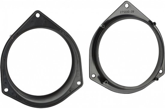 Twee zwarte plastic speakerringen, 130mm, met schroefgaten. Eén ring heeft nummer 271230-09.