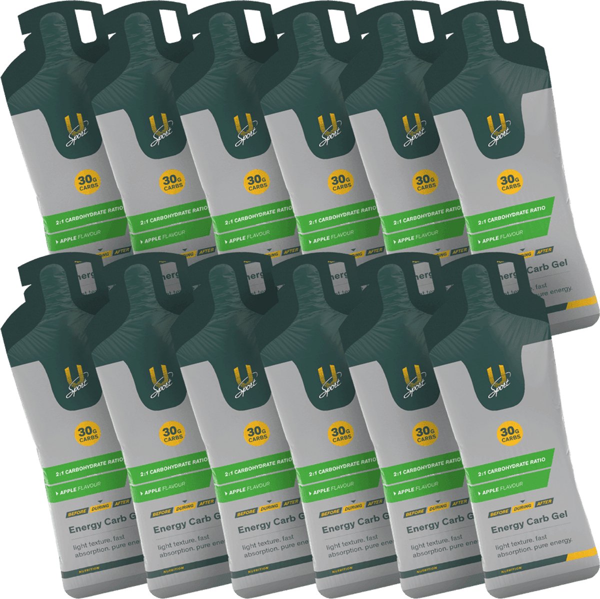 U-Sport Energy Carb Gel - Appel - 12 x 55g - Energiegel met 30g Koolhydraten - 2:1 Verhouding - NZVT - Vegan