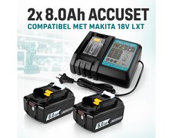 Accuset 18V 8.0Ah – 2 Accu’s met Oplader – Compatibel met Makita 18V LXT – Li-ion Vervangingsaccu’s