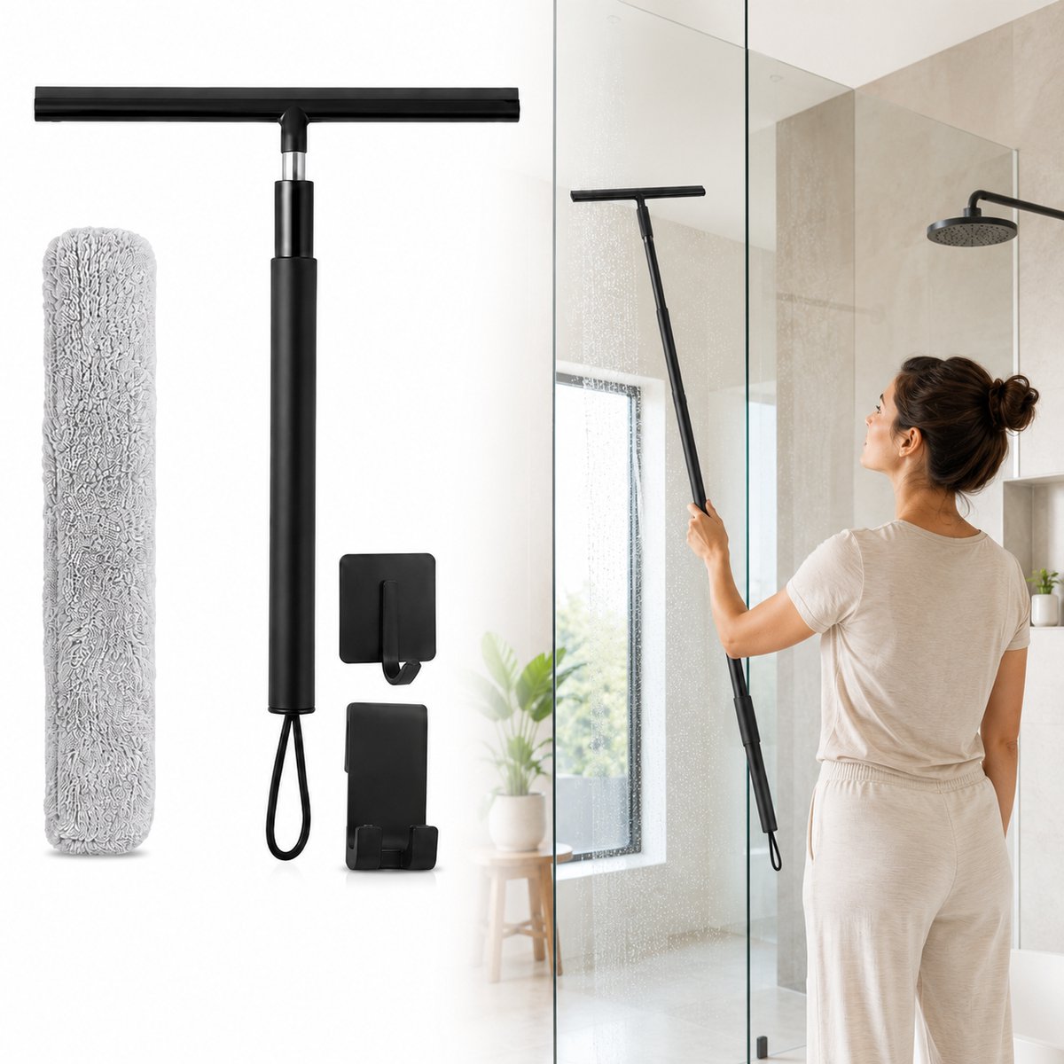 Vloerwisser - Vloertrekker - Douchetrekker - Raamwisser - Trekker met Telescoopsteel 33-146 cm - 32 cm Breed - Met Microvezelhoes - Met 2 Houders - Zwart
