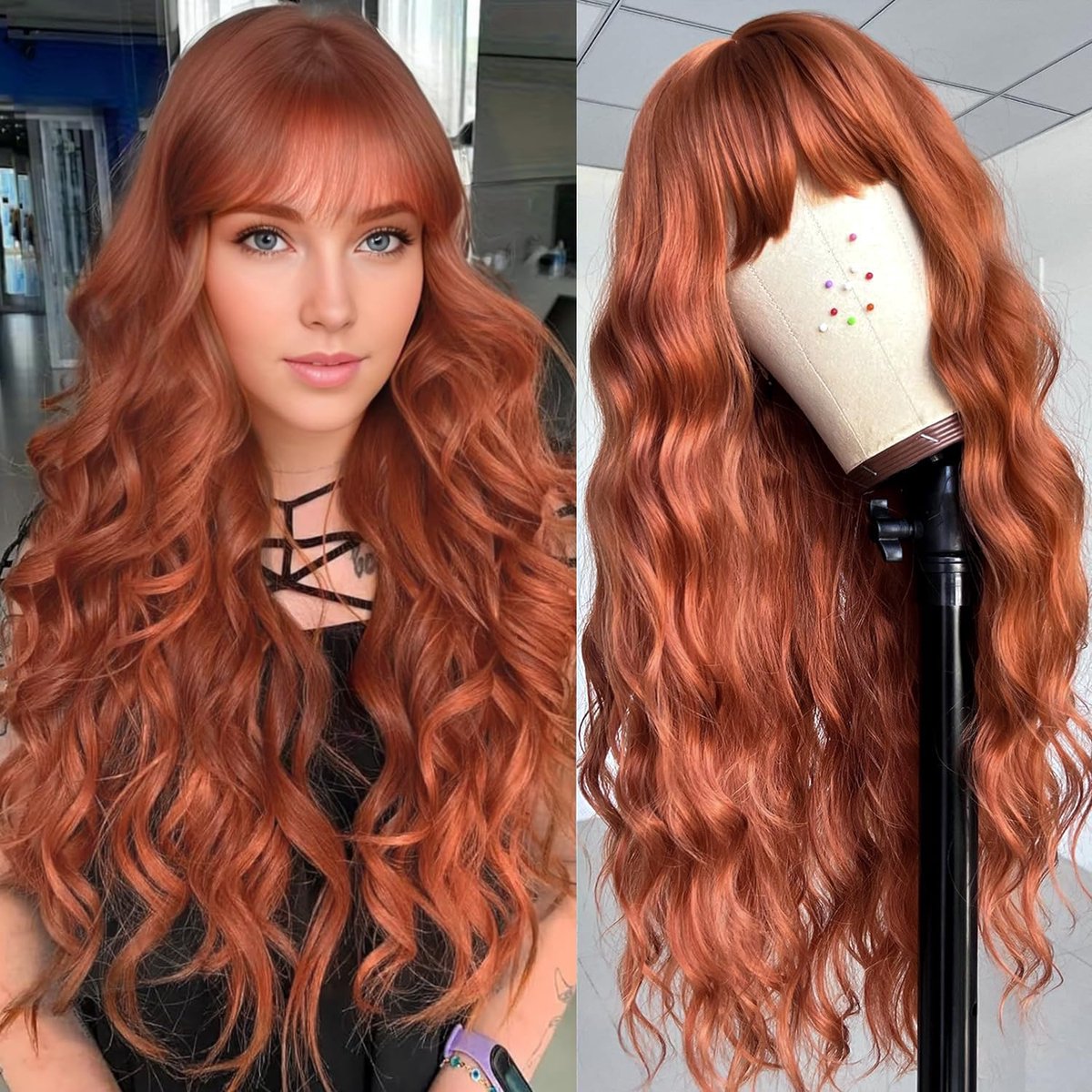 SnelShoppen - Auburn Lange Haar Wimpers voor Vrouwen Natuurlijke Krullende Golvende Synthetische Wimpers met Pony Auburn Rode Perk voor Feest Cosplay