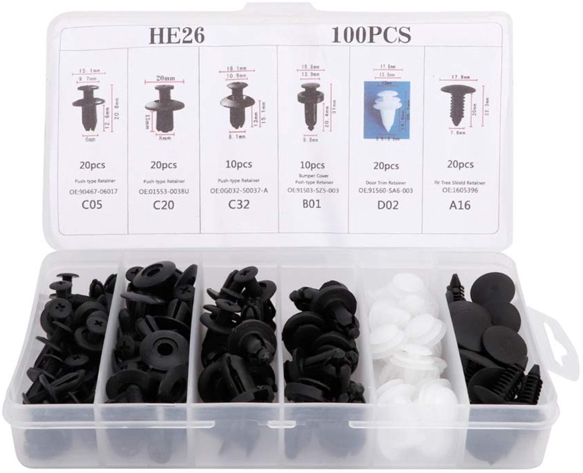 SnelShoppen - 100 stuks Bumper Retainer Clips - Universele Plastic Fender Clips - Auto Klemmen Bumper Push Mounts Rivet Clips Vervangset met Plastic O